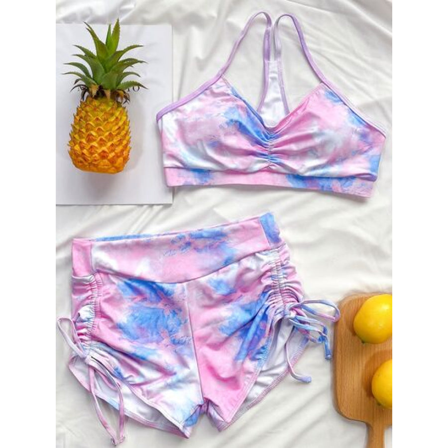 Tie - Dye Spaghetti Strap Top and Drawstring Shorts Swim Set Apparel Accessories