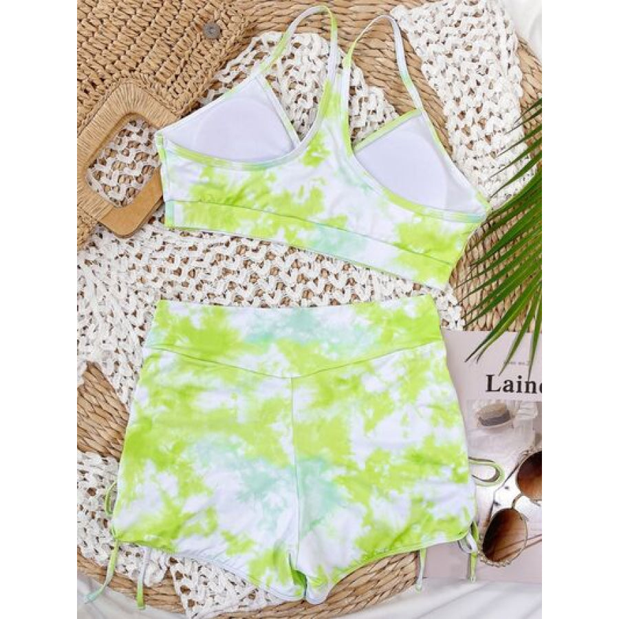 Tie - Dye Spaghetti Strap Top and Drawstring Shorts Swim Set Apparel Accessories