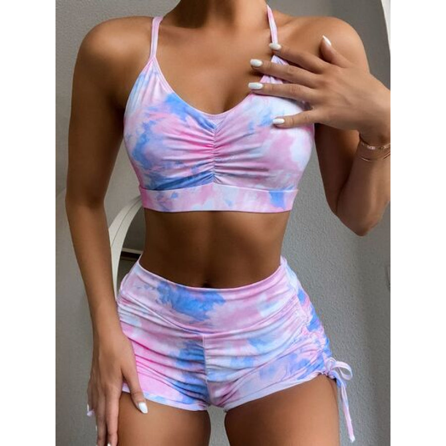 Tie - Dye Spaghetti Strap Top and Drawstring Shorts Swim Set Lavender / S Apparel Accessories