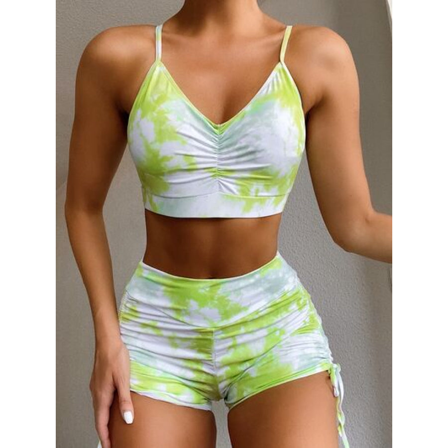 Tie - Dye Spaghetti Strap Top and Drawstring Shorts Swim Set Lime / S Apparel Accessories