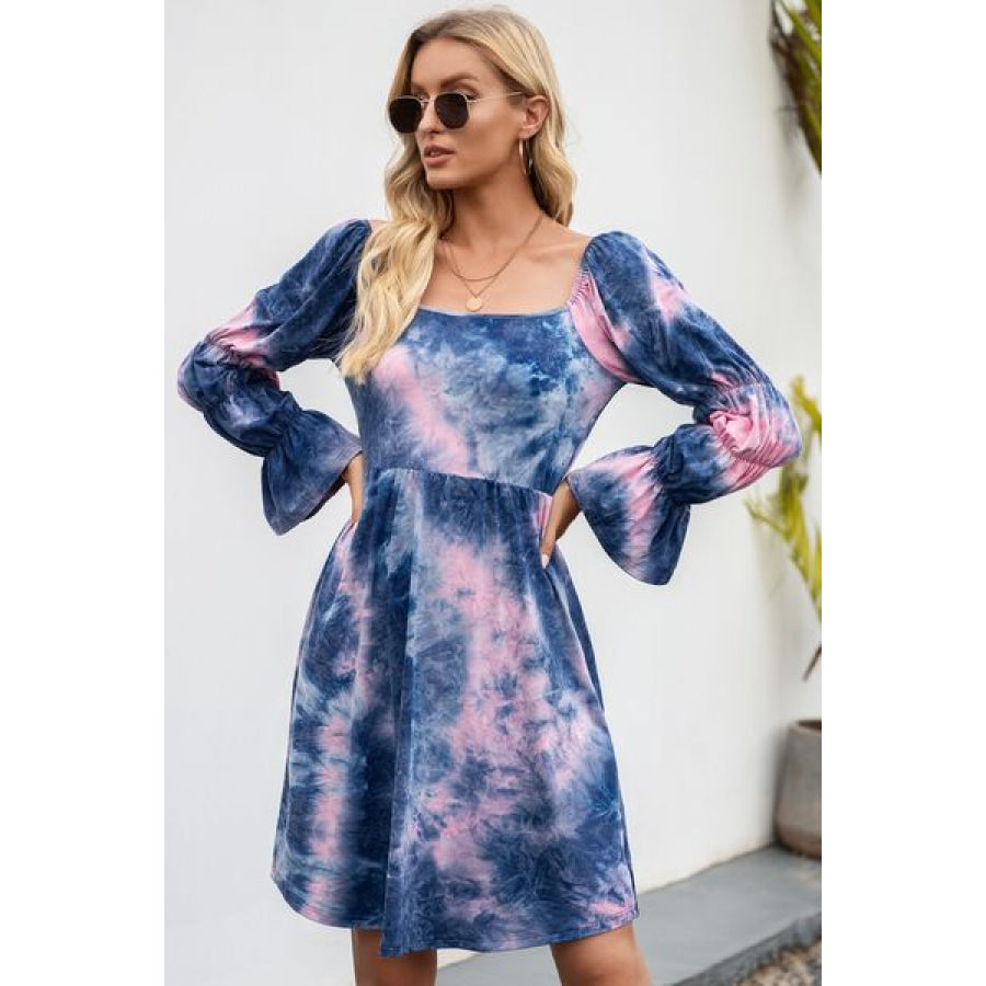 Tie - Dye Square Neck Flounce Sleeve Dress Apparel and Accessories