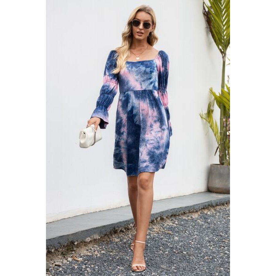 Tie - Dye Square Neck Flounce Sleeve Dress Apparel and Accessories