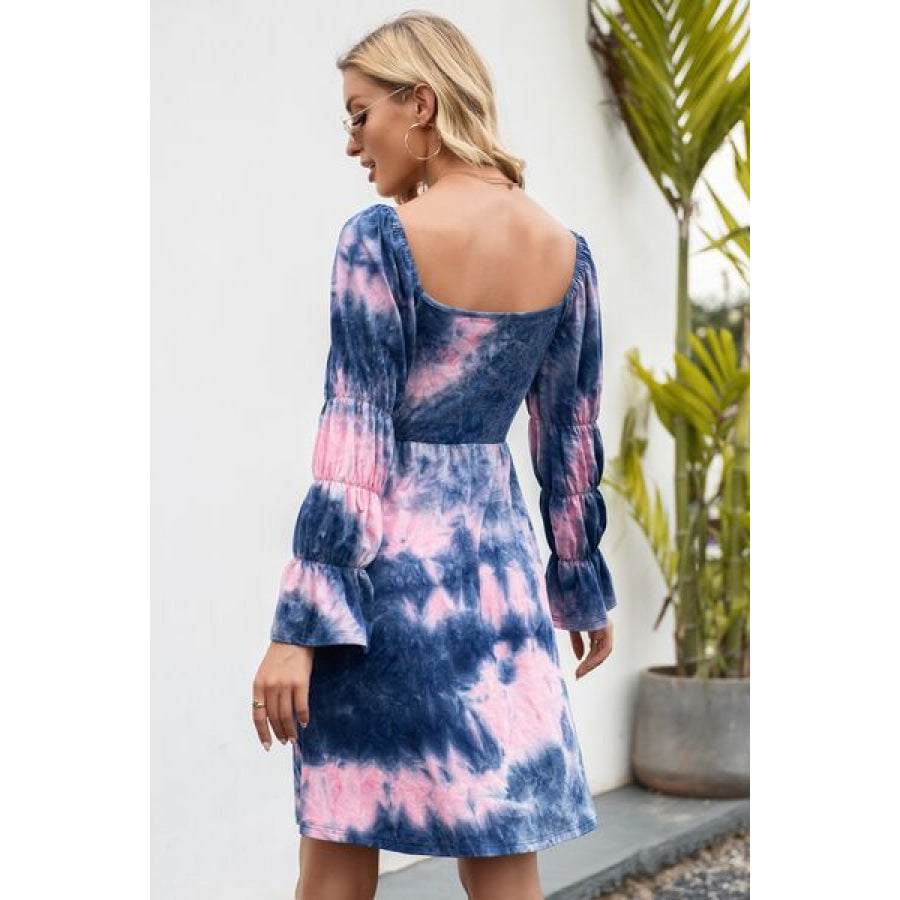 Tie - Dye Square Neck Flounce Sleeve Dress Apparel and Accessories