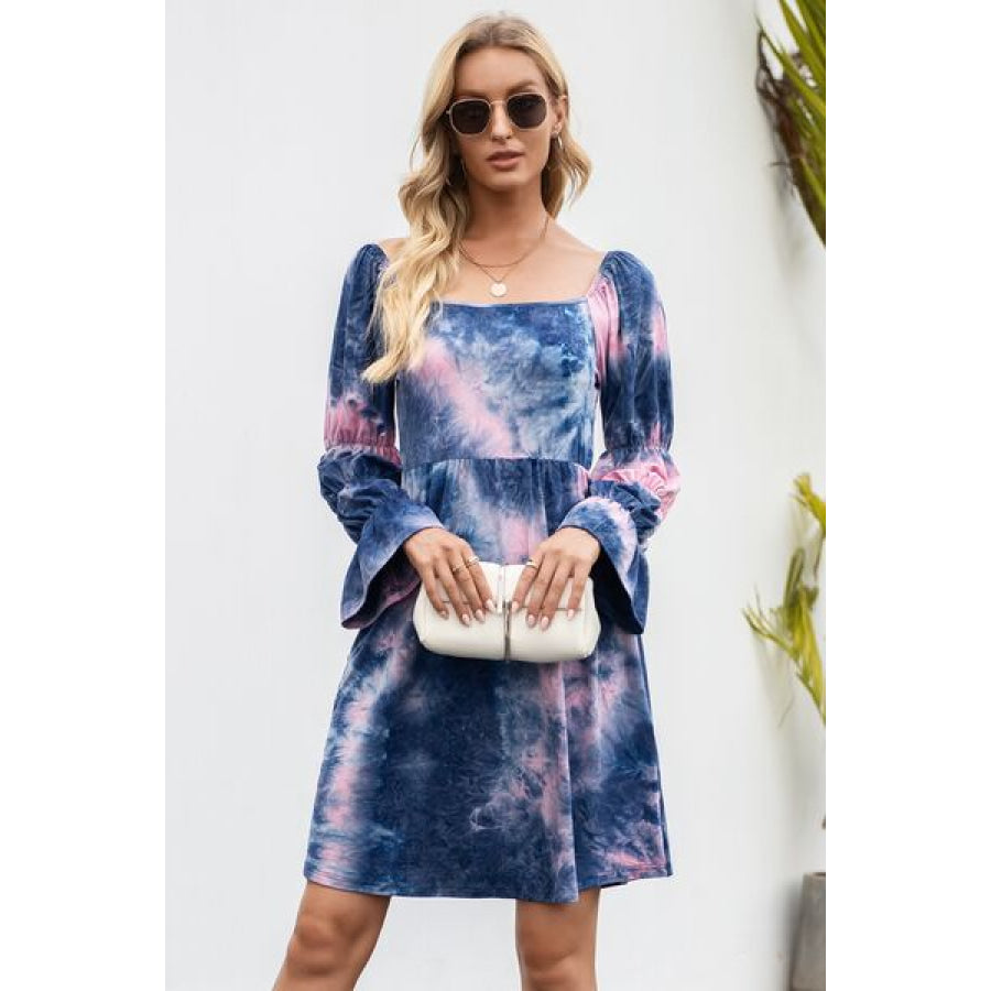 Tie - Dye Square Neck Flounce Sleeve Dress Peacock Blue / S Apparel and Accessories