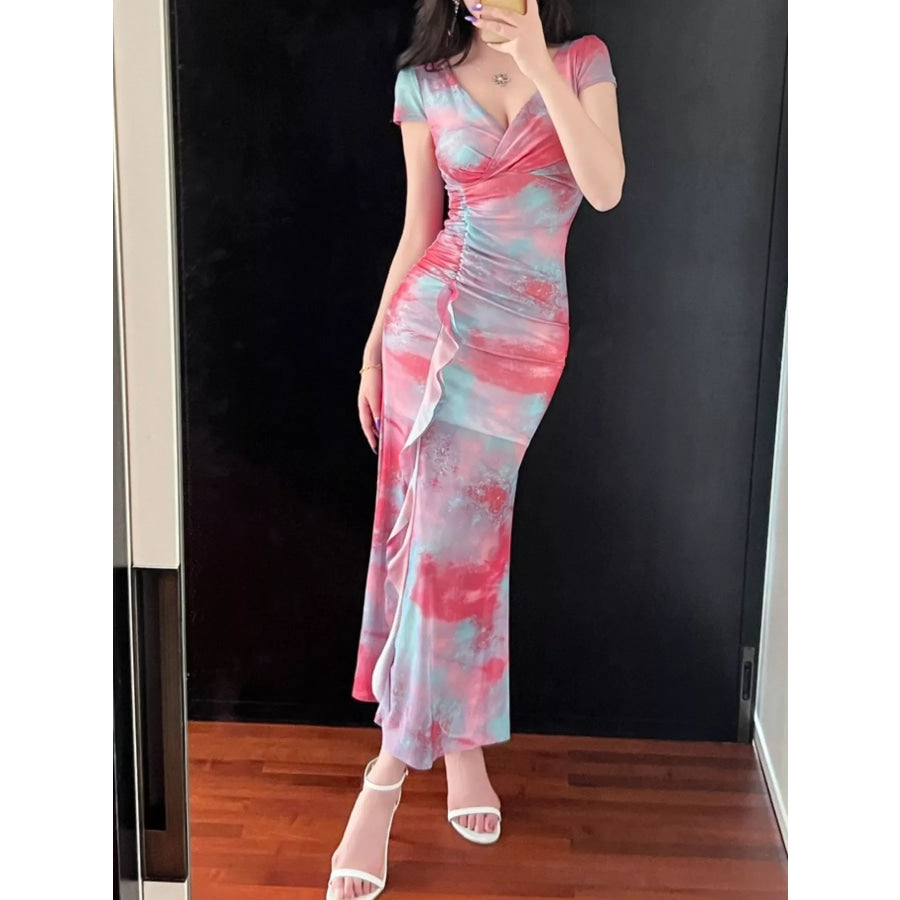 Tie-Dye Surplice Ruffle Slit Dress Apparel and Accessories