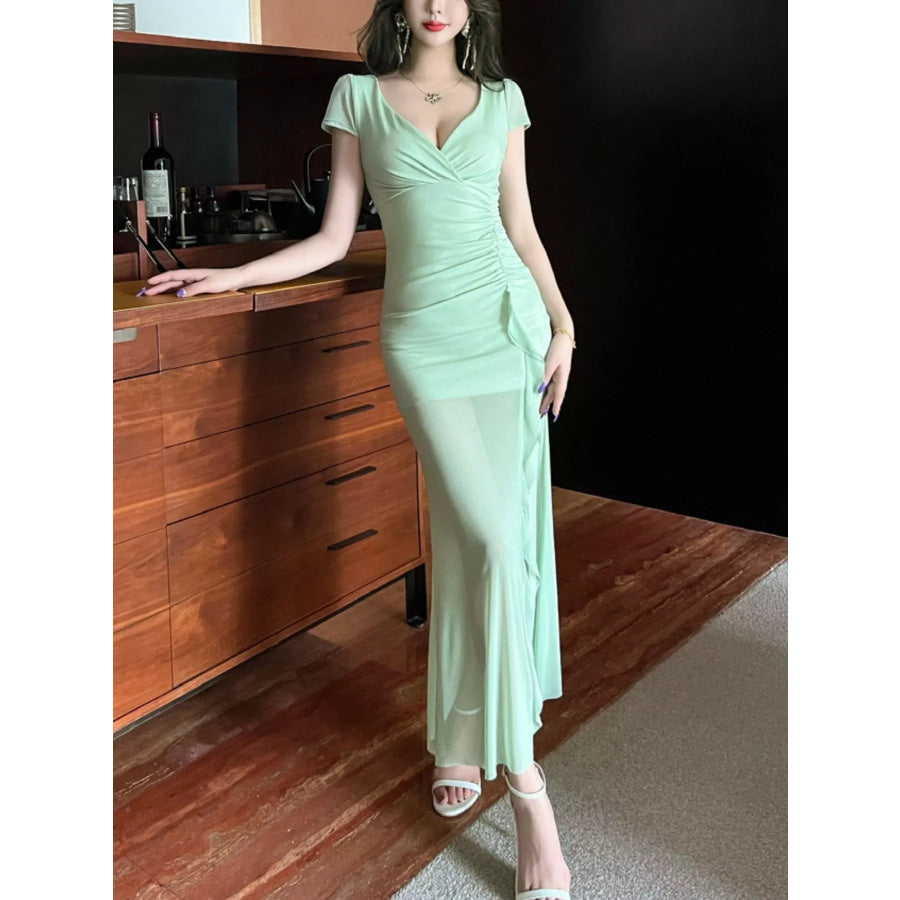 Tie-Dye Surplice Ruffle Slit Dress Apparel and Accessories