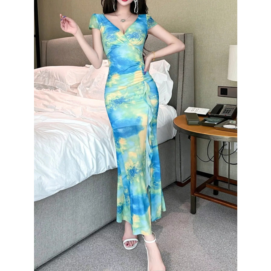 Tie-Dye Surplice Ruffle Slit Dress Apparel and Accessories
