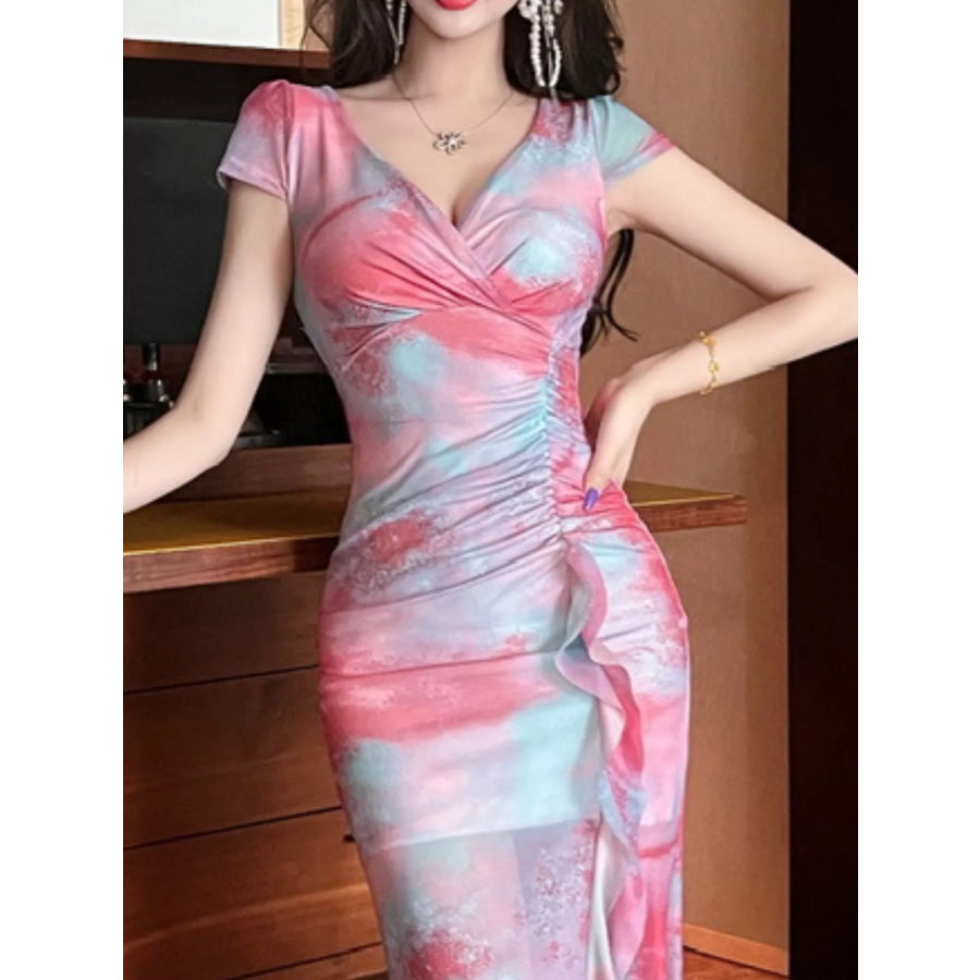 Tie-Dye Surplice Ruffle Slit Dress Apparel and Accessories