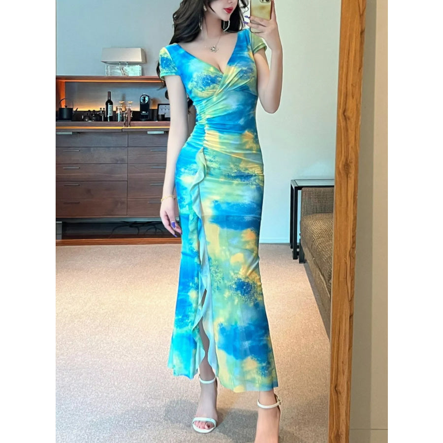 Tie-Dye Surplice Ruffle Slit Dress Apparel and Accessories