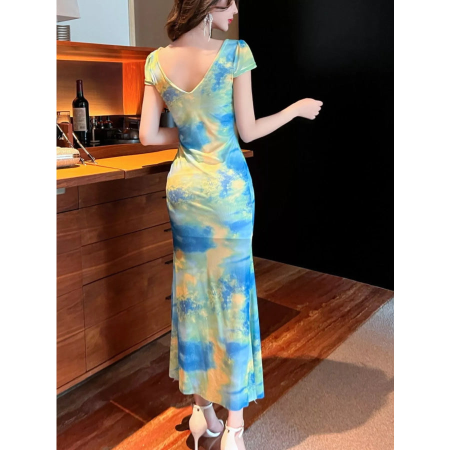 Tie-Dye Surplice Ruffle Slit Dress Apparel and Accessories