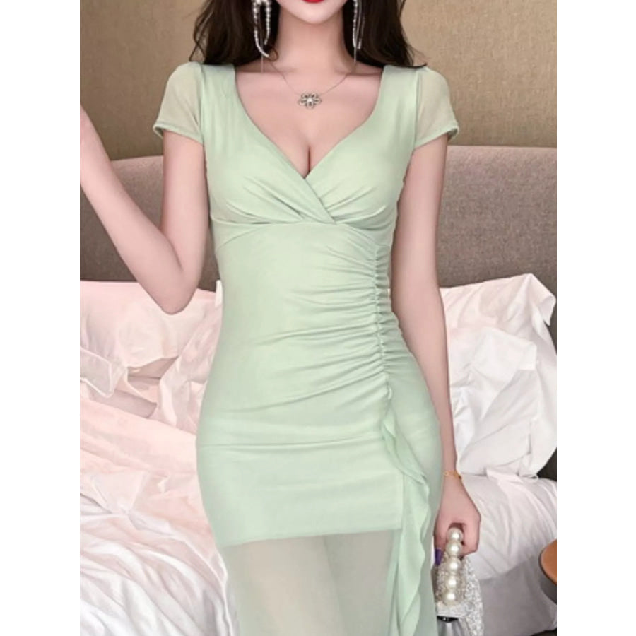 Tie-Dye Surplice Ruffle Slit Dress Apparel and Accessories