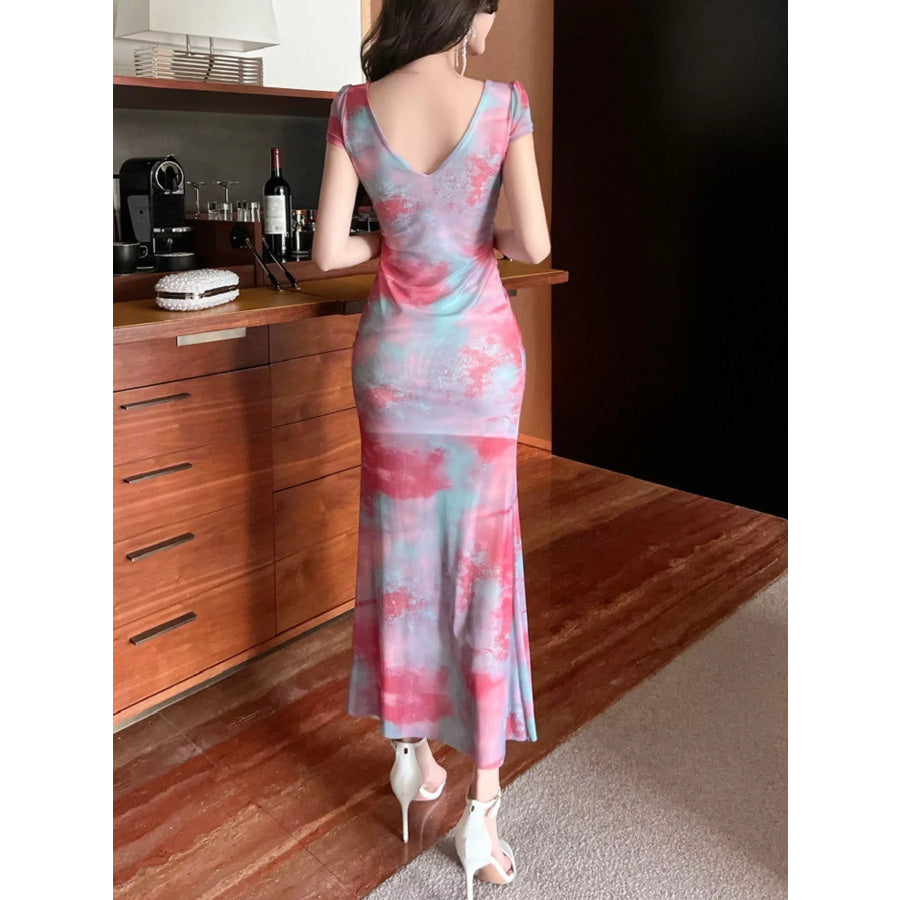 Tie-Dye Surplice Ruffle Slit Dress Apparel and Accessories