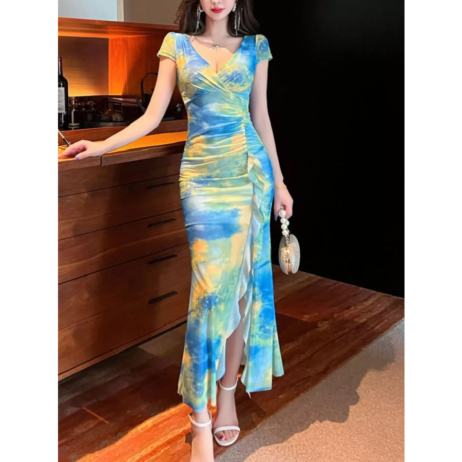 Tie-Dye Surplice Ruffle Slit Dress Blue / S Apparel and Accessories
