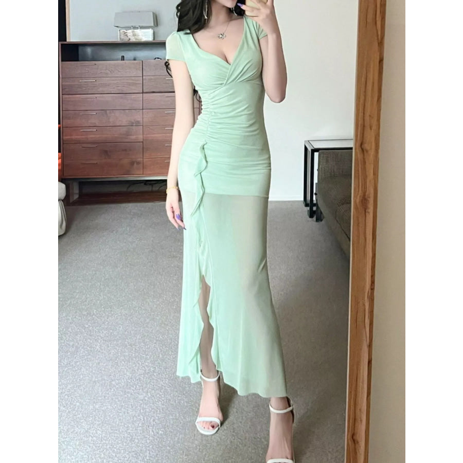 Tie-Dye Surplice Ruffle Slit Dress Light Green / S Apparel and Accessories