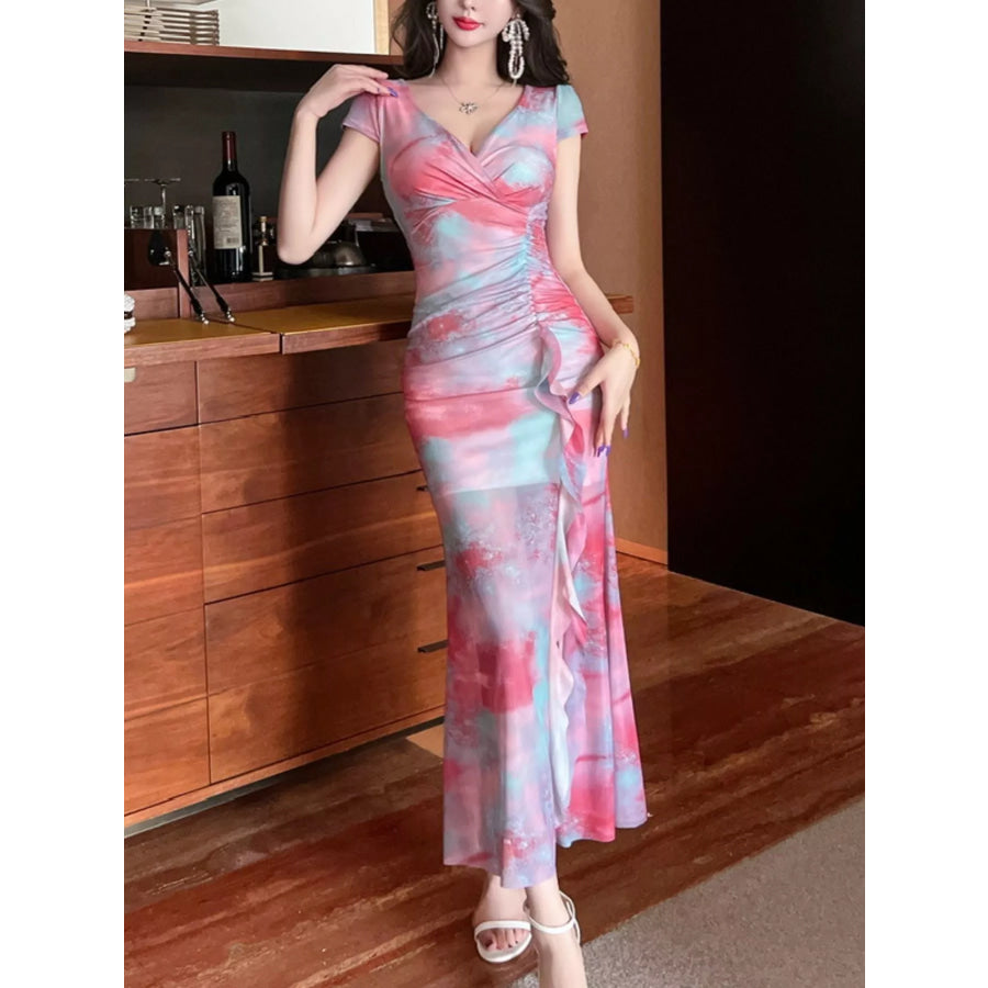 Tie-Dye Surplice Ruffle Slit Dress Pink / S Apparel and Accessories