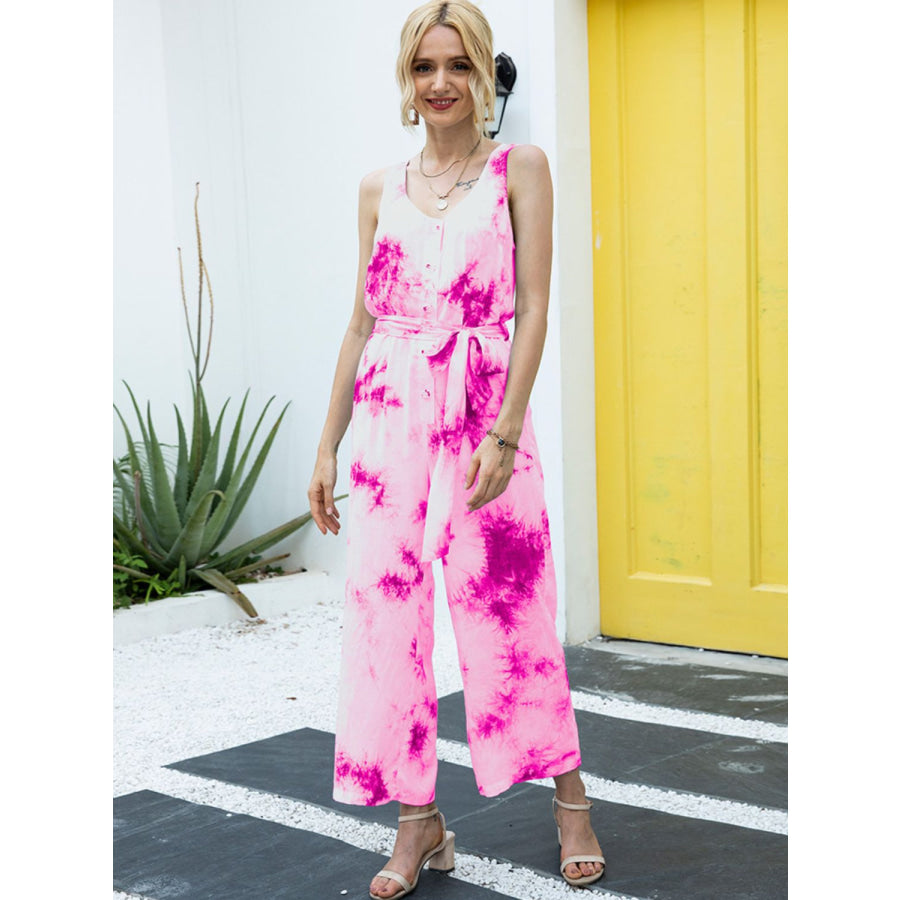 Tie-Dye Tie Waist Sleeveless Jumpsuit Hot Pink / S