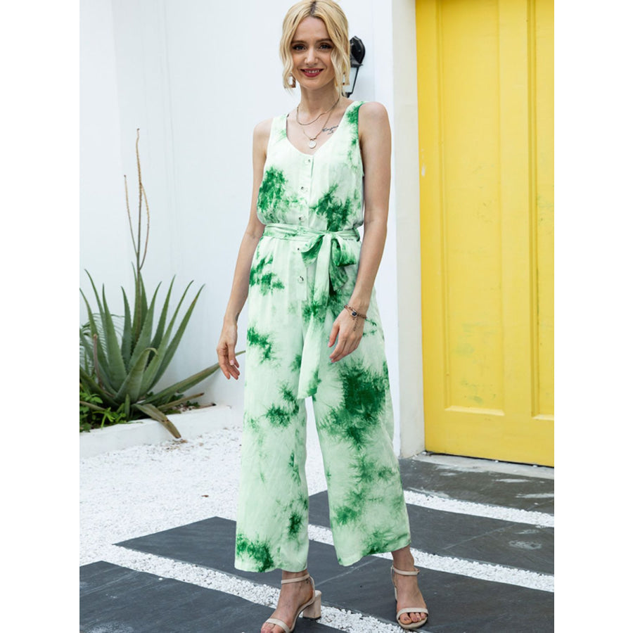 Tie-Dye Tie Waist Sleeveless Jumpsuit Mid Green / S