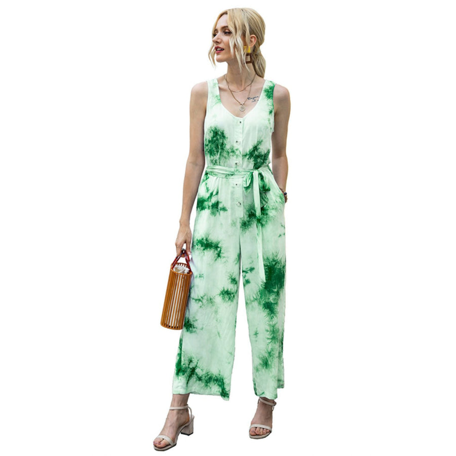 Tie-Dye Tie Waist Sleeveless Jumpsuit