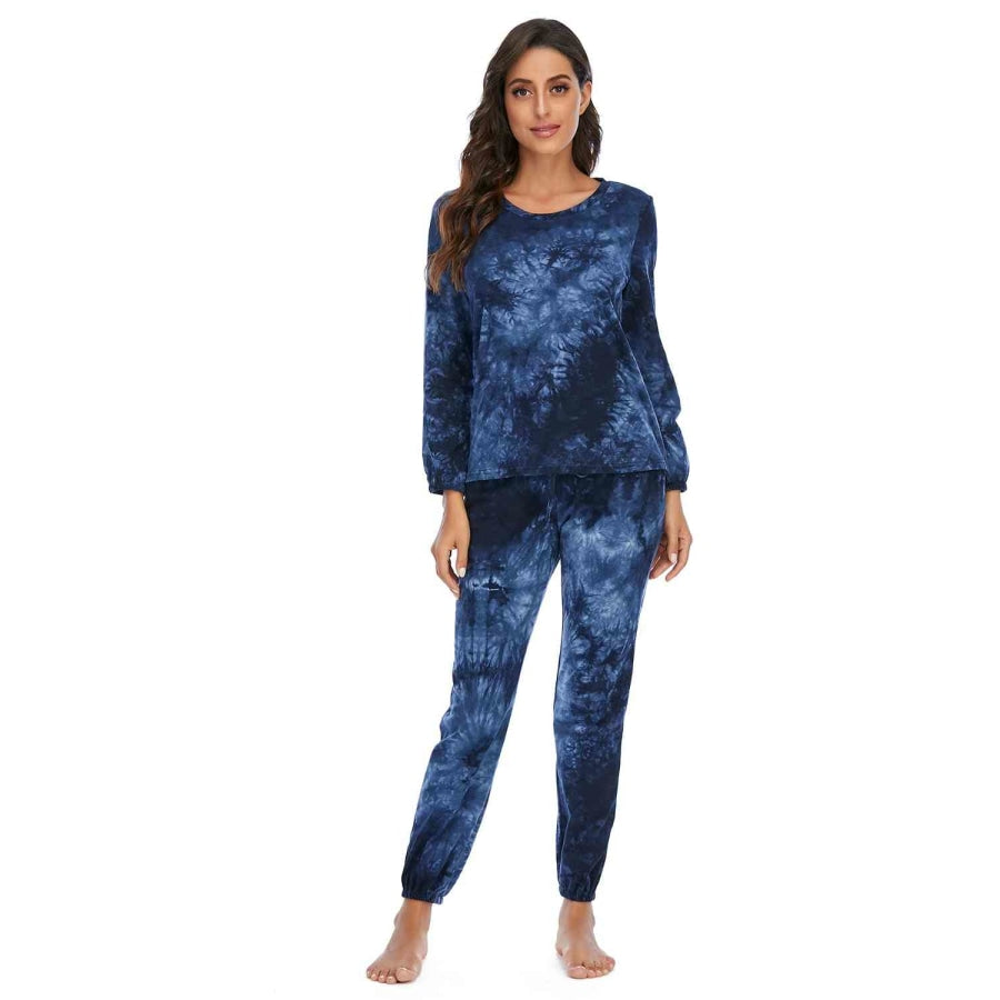 Tie-Dye Top and Drawstring Pants Lounge Set Navy / S