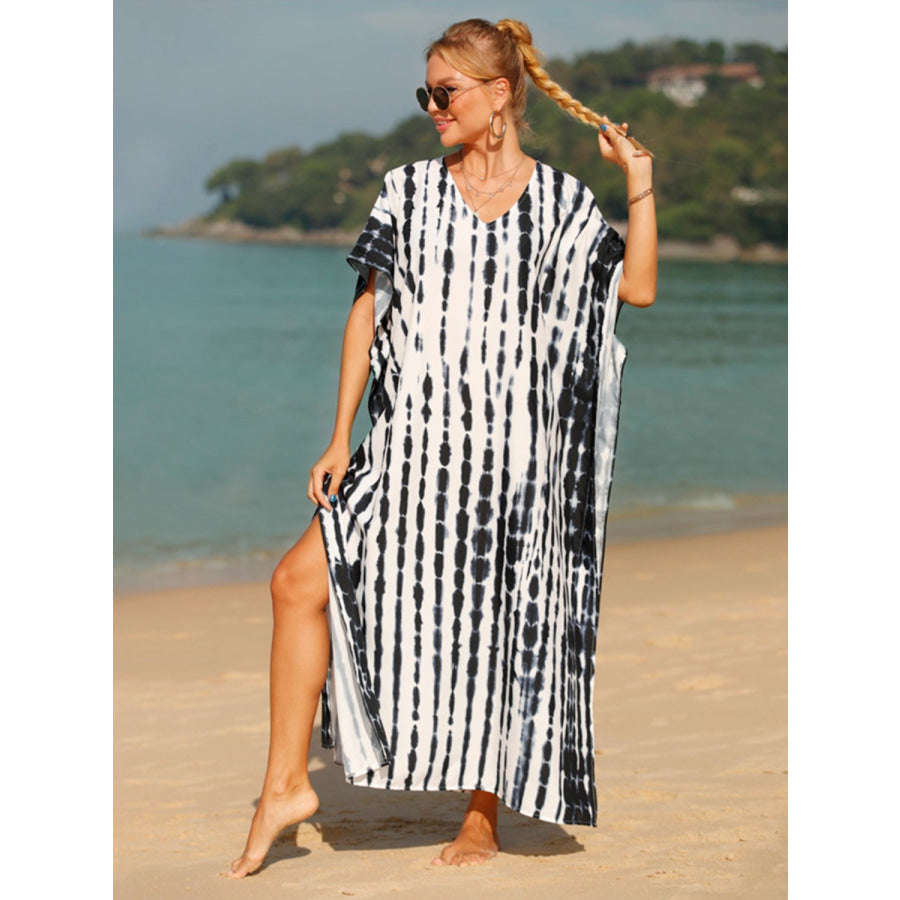 Tie - Dye V - Neck Half Sleeve Cover - Up Black / One Size Apparel and Accessories