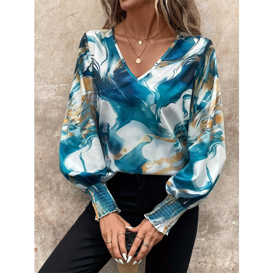 Tie-Dye V-Neck Long Sleeve Blouse Apparel and Accessories