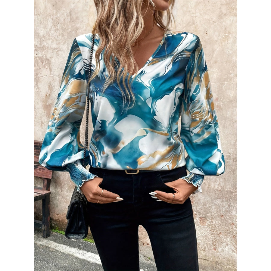 Tie-Dye V-Neck Long Sleeve Blouse French Blue / S Apparel and Accessories