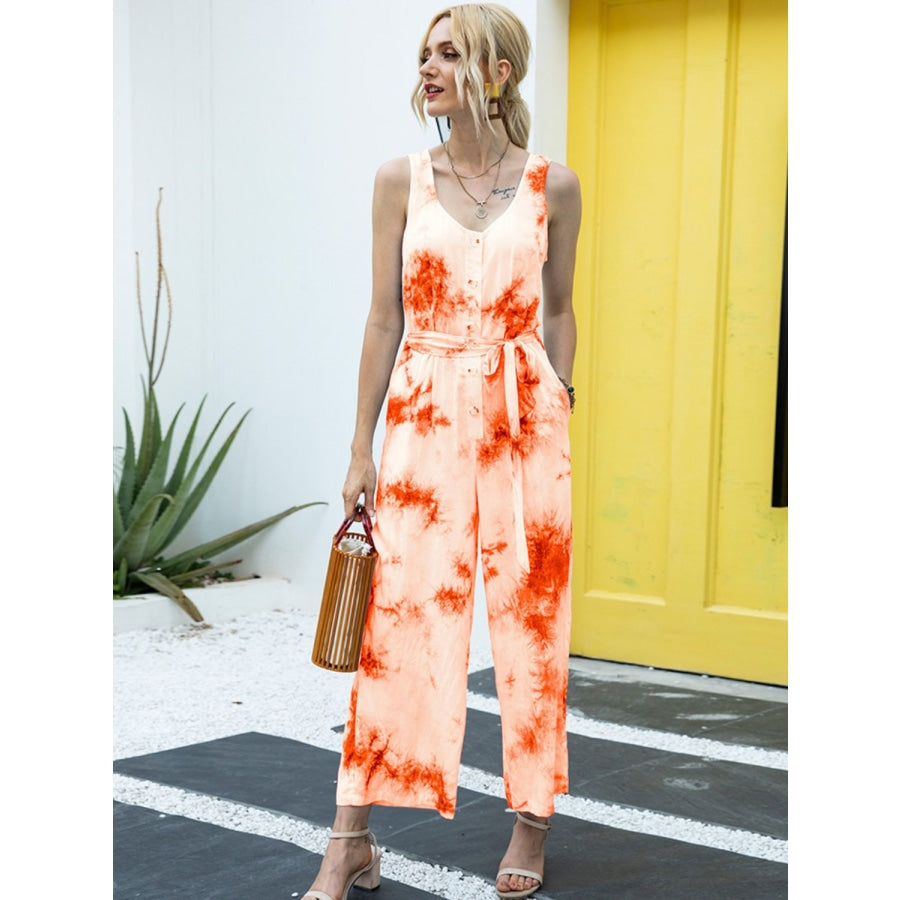 Tie-Dye Tie Waist Sleeveless Jumpsuit Orange / S