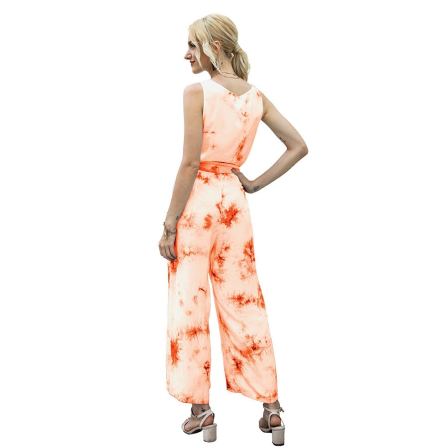 Tie-Dye Tie Waist Sleeveless Jumpsuit