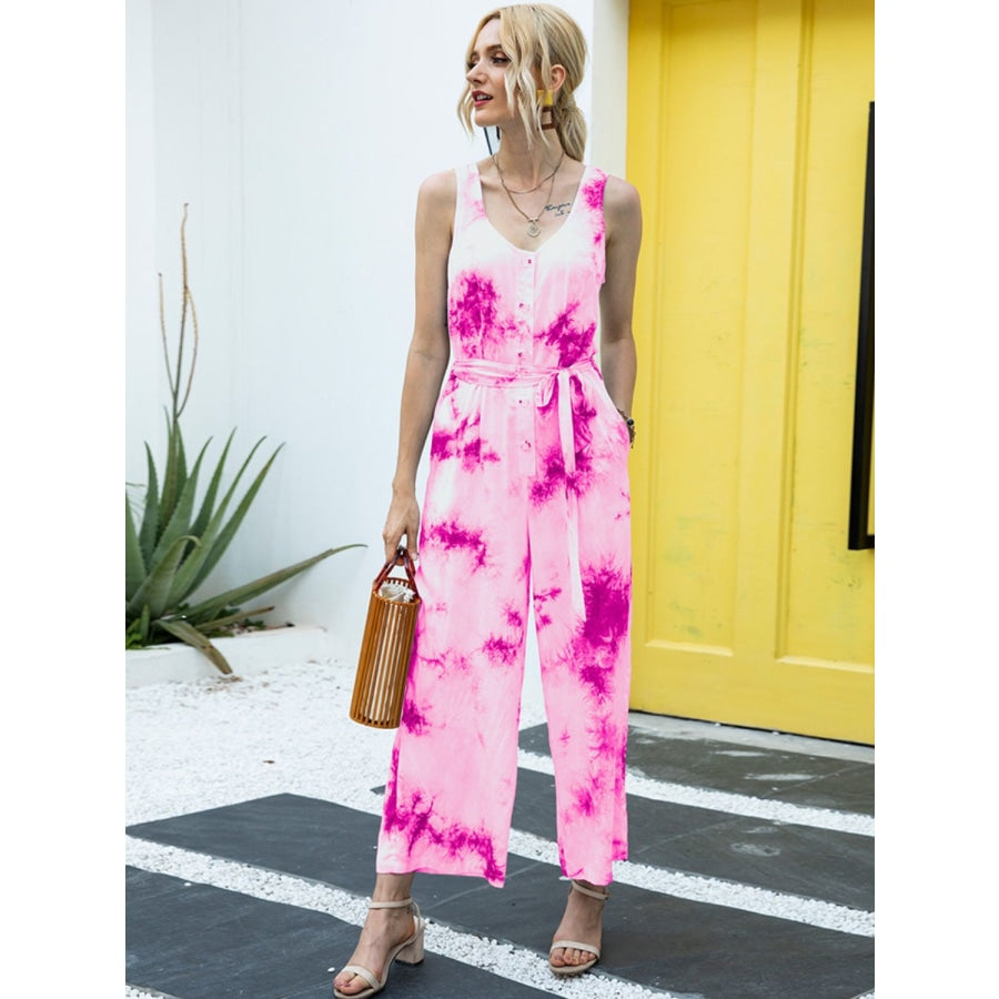 Tie-Dye Tie Waist Sleeveless Jumpsuit