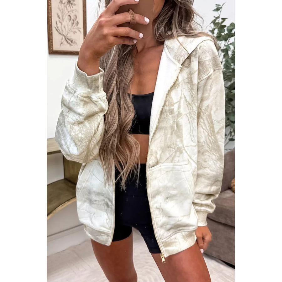 Tie-Dye Zip-Up Hoodie with Pockets Beige / S Apparel and Accessories