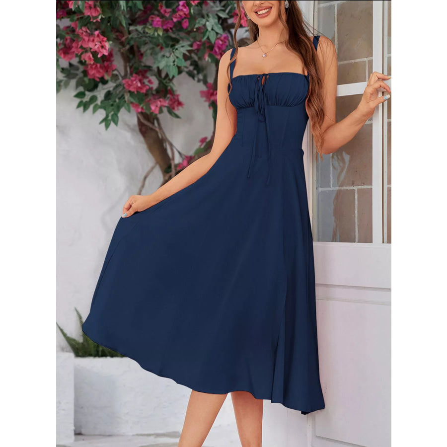 Tie-Front A-Line Midi Dress Navy Blue / XS Apparel and Accessories