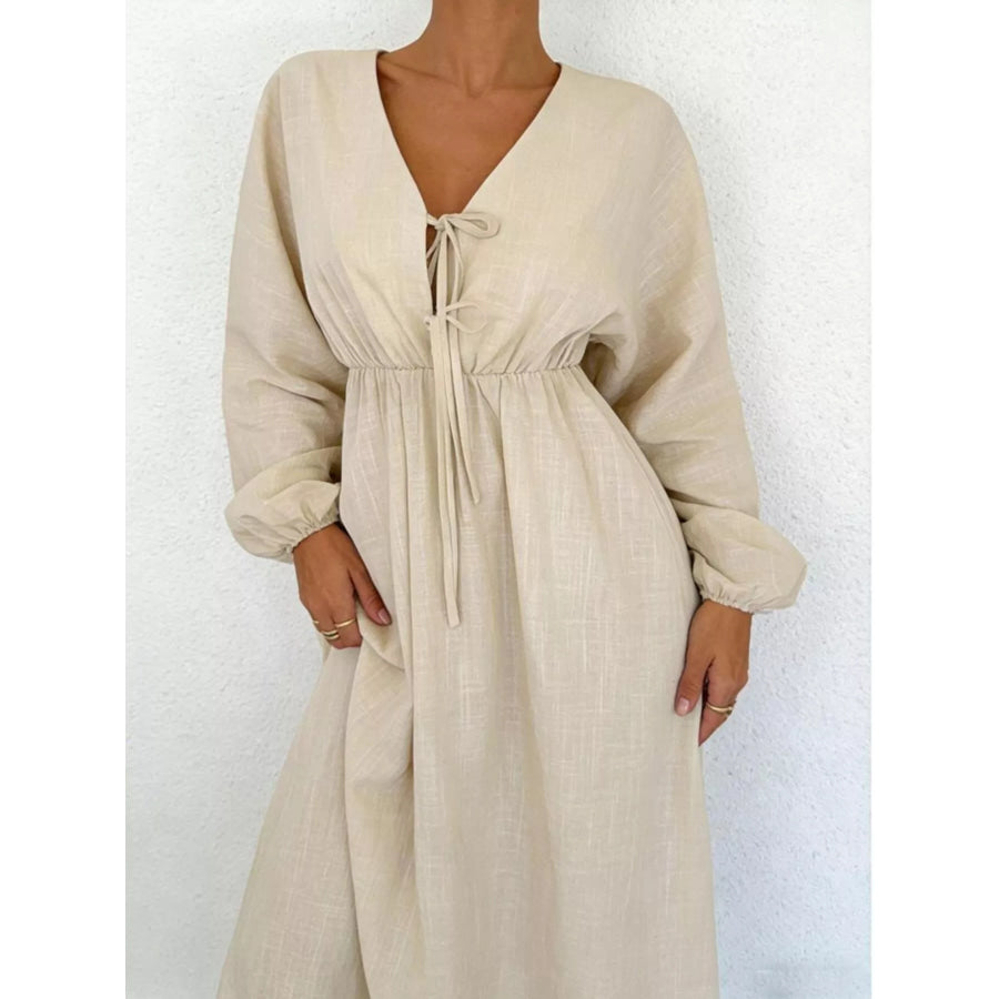 Tie Front Balloon Sleeve Maxi Dress Apparel and Accessories
