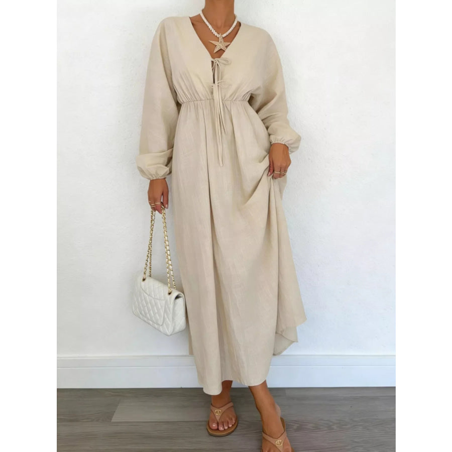 Tie Front Balloon Sleeve Maxi Dress Apparel and Accessories