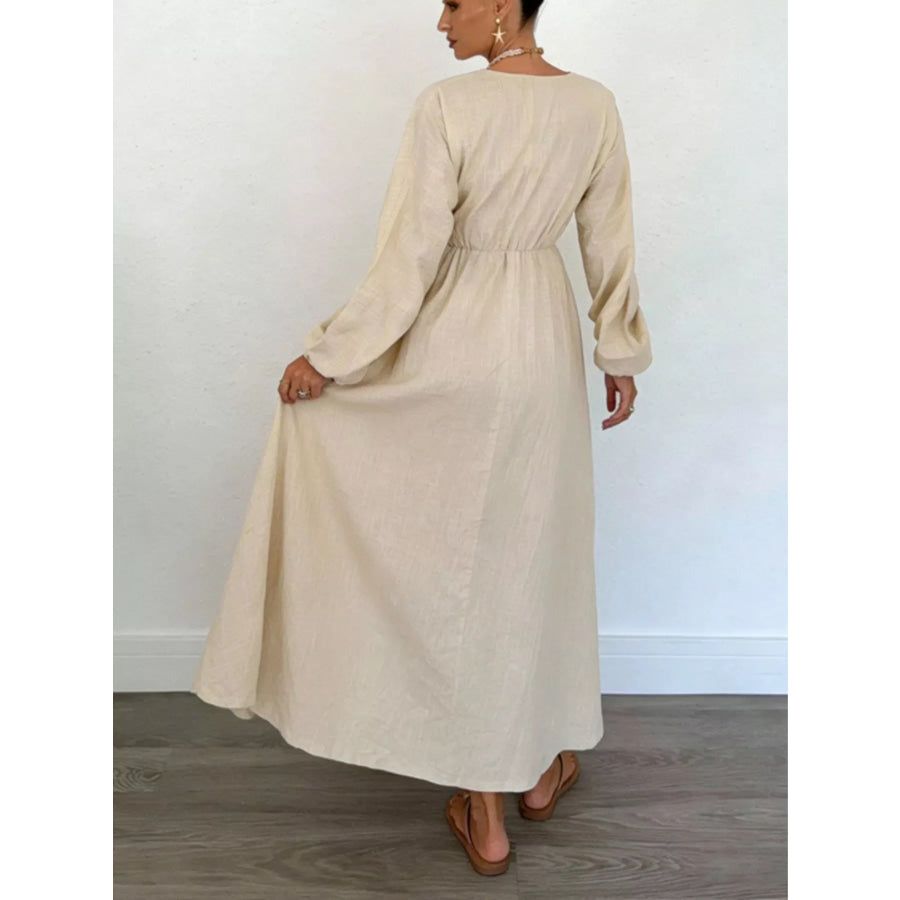 Tie Front Balloon Sleeve Maxi Dress Apparel and Accessories