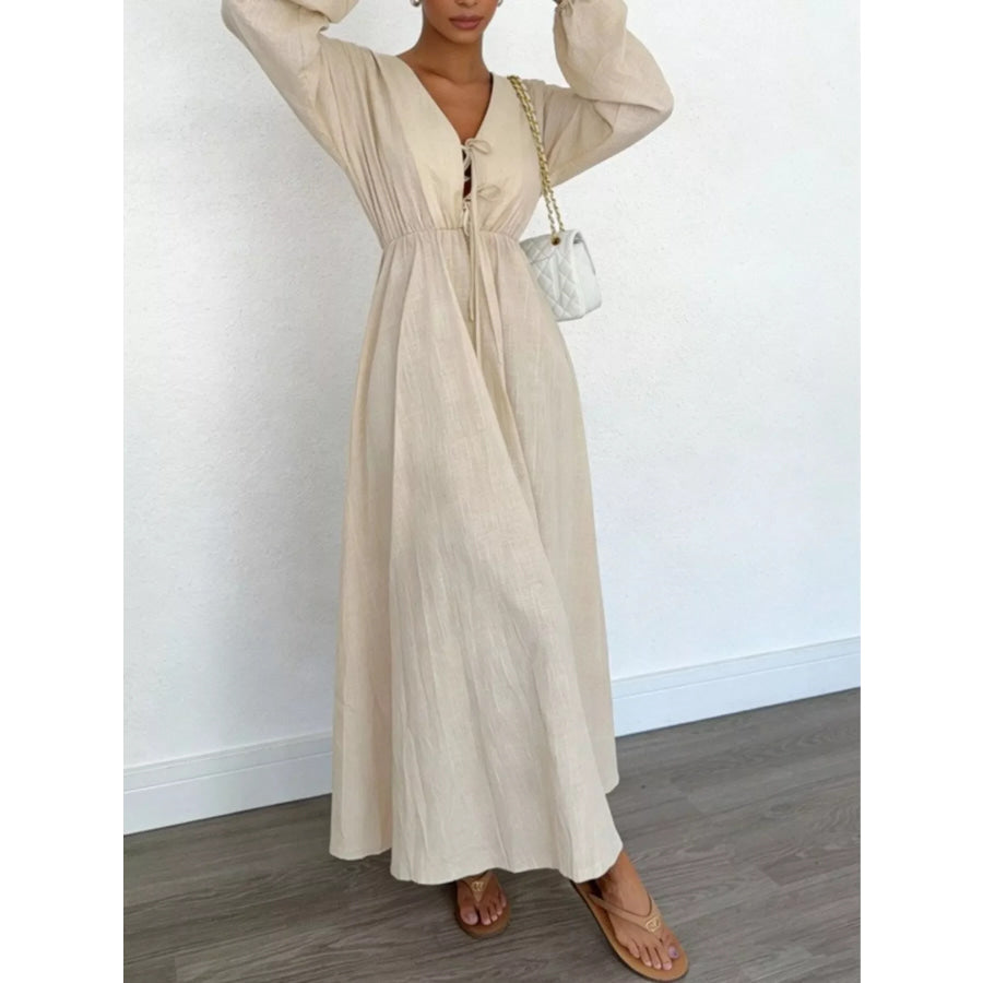 Tie Front Balloon Sleeve Maxi Dress Beige / XS Apparel and Accessories