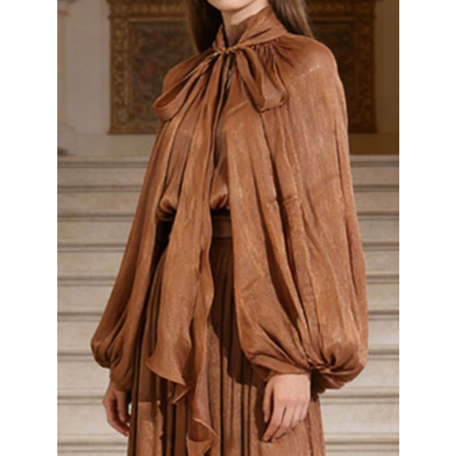 Tie Front Balloon Sleeve Midi Dress Apparel and Accessories