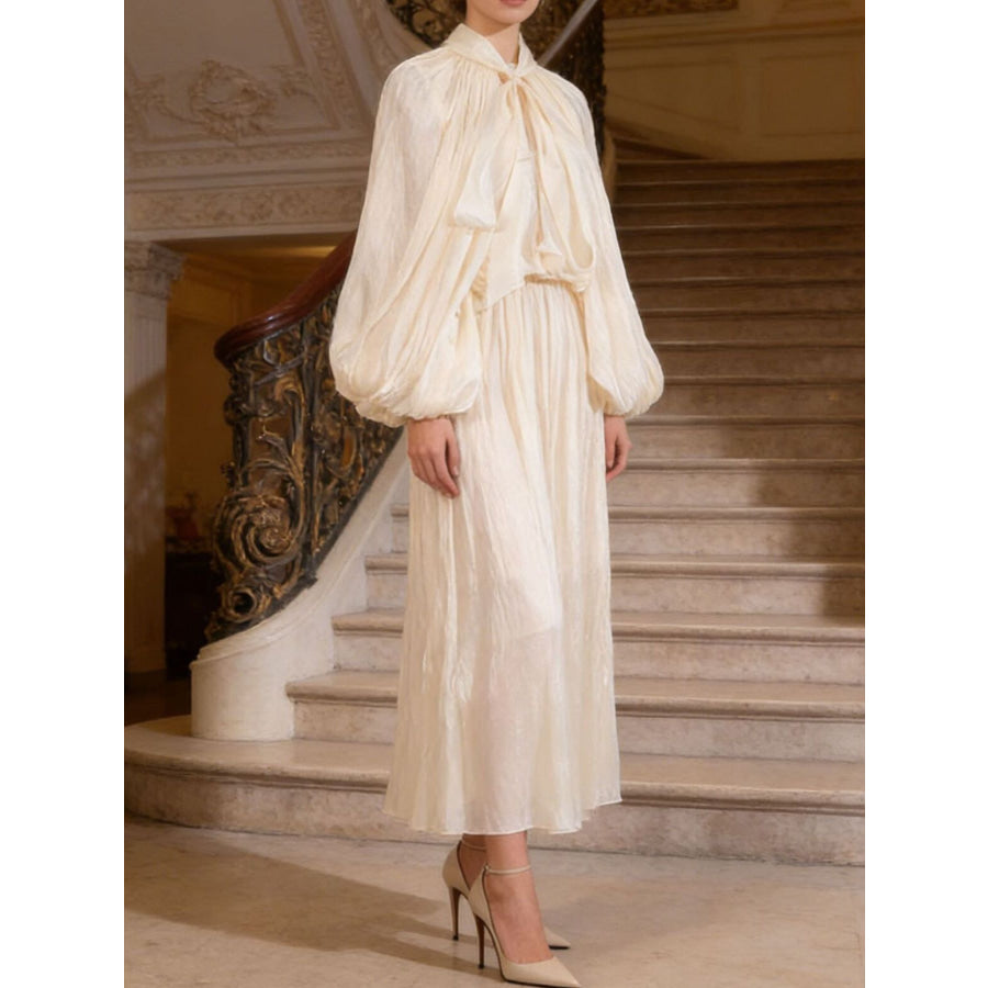 Tie Front Balloon Sleeve Midi Dress Apricot / S Apparel and Accessories