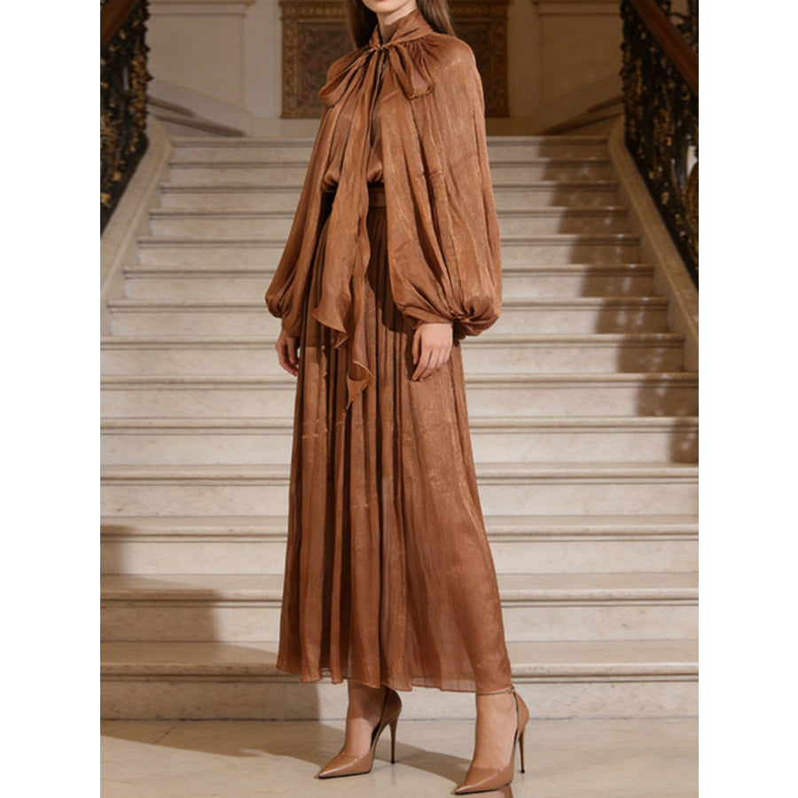 Tie Front Balloon Sleeve Midi Dress Brown / S Apparel and Accessories
