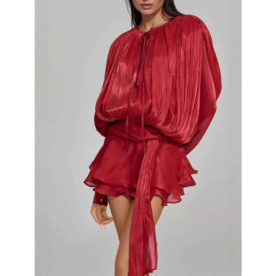 Tie Front Balloon Sleeve Top and Skirt Set Apparel and Accessories
