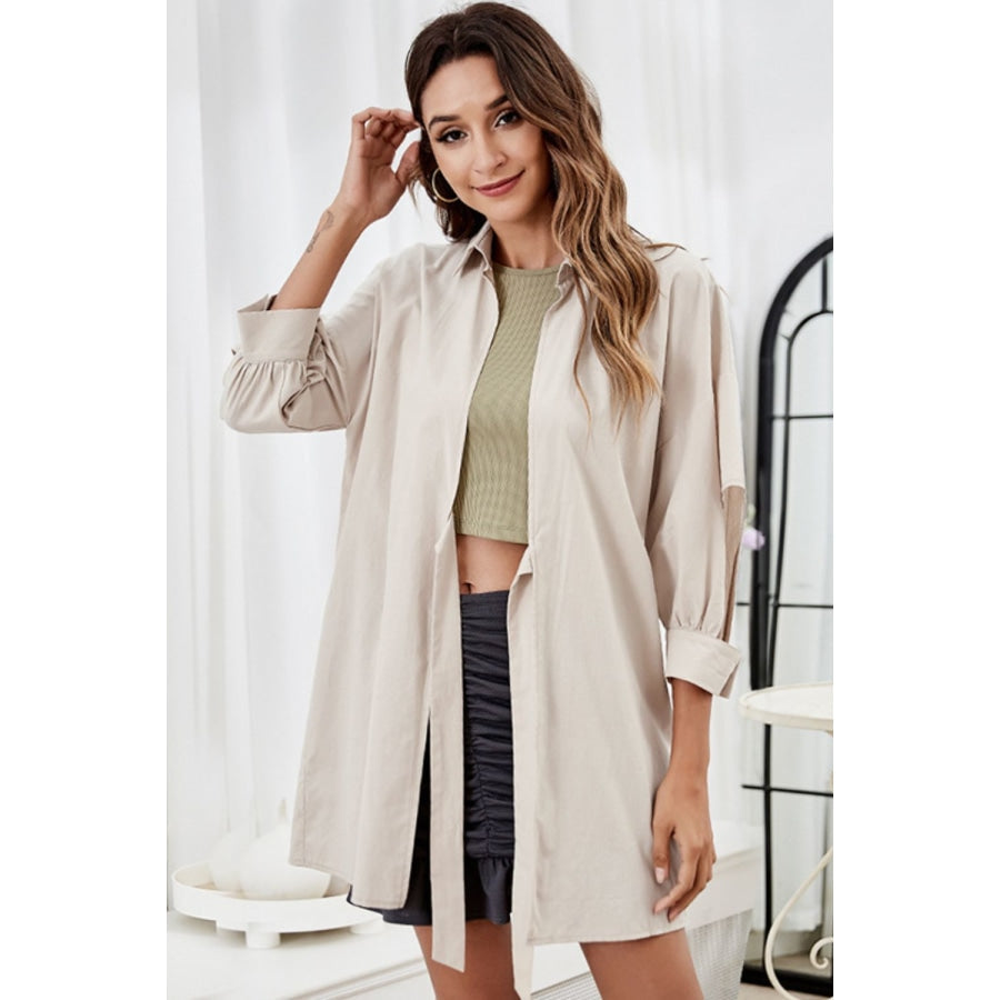 Tie Front Collared Neck Cutout Shacket Cream / S