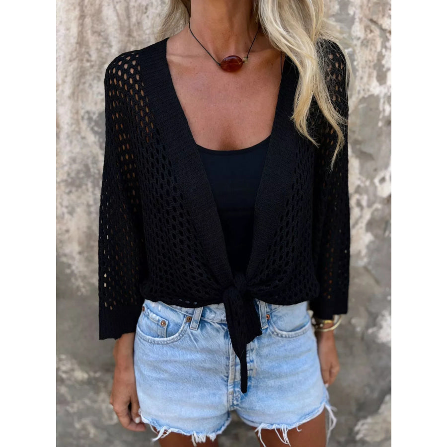 Tie-Front Crochet Knit Cover Up Black / One Size Apparel and Accessories