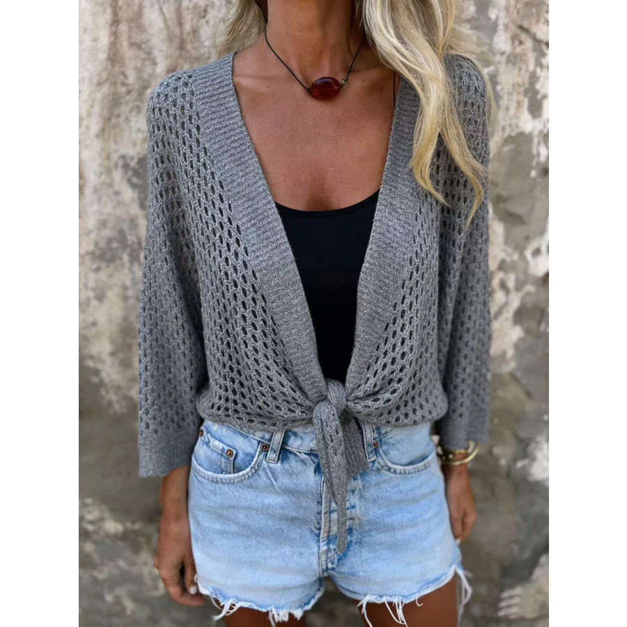Tie-Front Crochet Knit Cover Up Gray / One Size Apparel and Accessories
