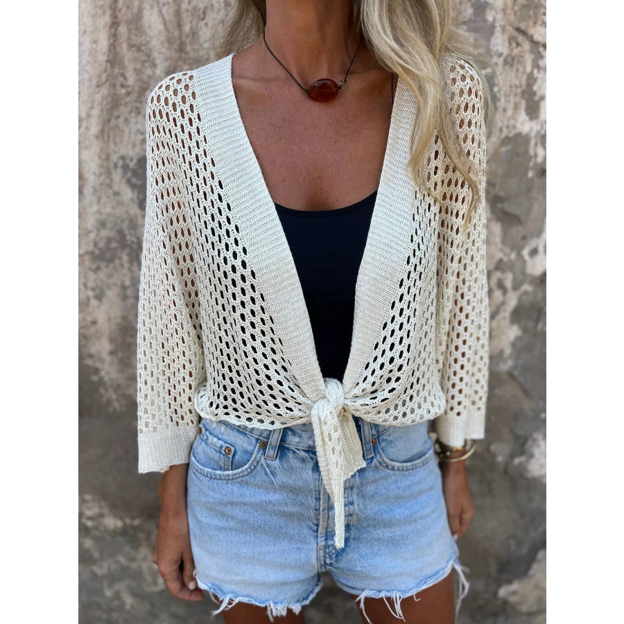 Tie-Front Crochet Knit Cover Up Ivory / One Size Apparel and Accessories