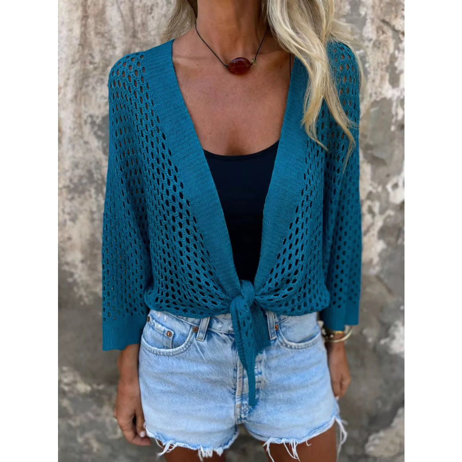 Tie-Front Crochet Knit Cover Up Peacock Blue / One Size Apparel and Accessories