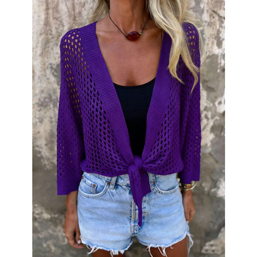 Tie-Front Crochet Knit Cover Up Purple / One Size Apparel and Accessories