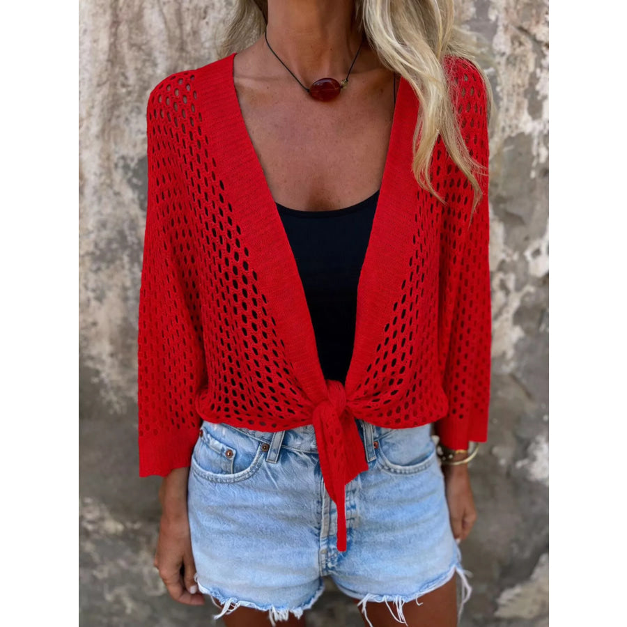 Tie-Front Crochet Knit Cover Up Red / One Size Apparel and Accessories