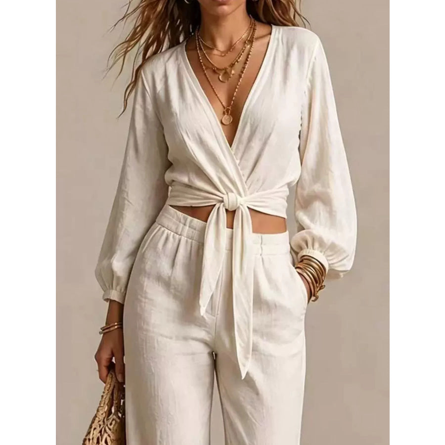 Tie-Front Crop Top and Wide-Leg Pant Set Apparel and Accessories
