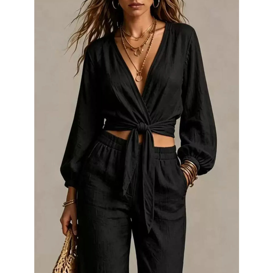 Tie-Front Crop Top and Wide-Leg Pant Set Apparel and Accessories