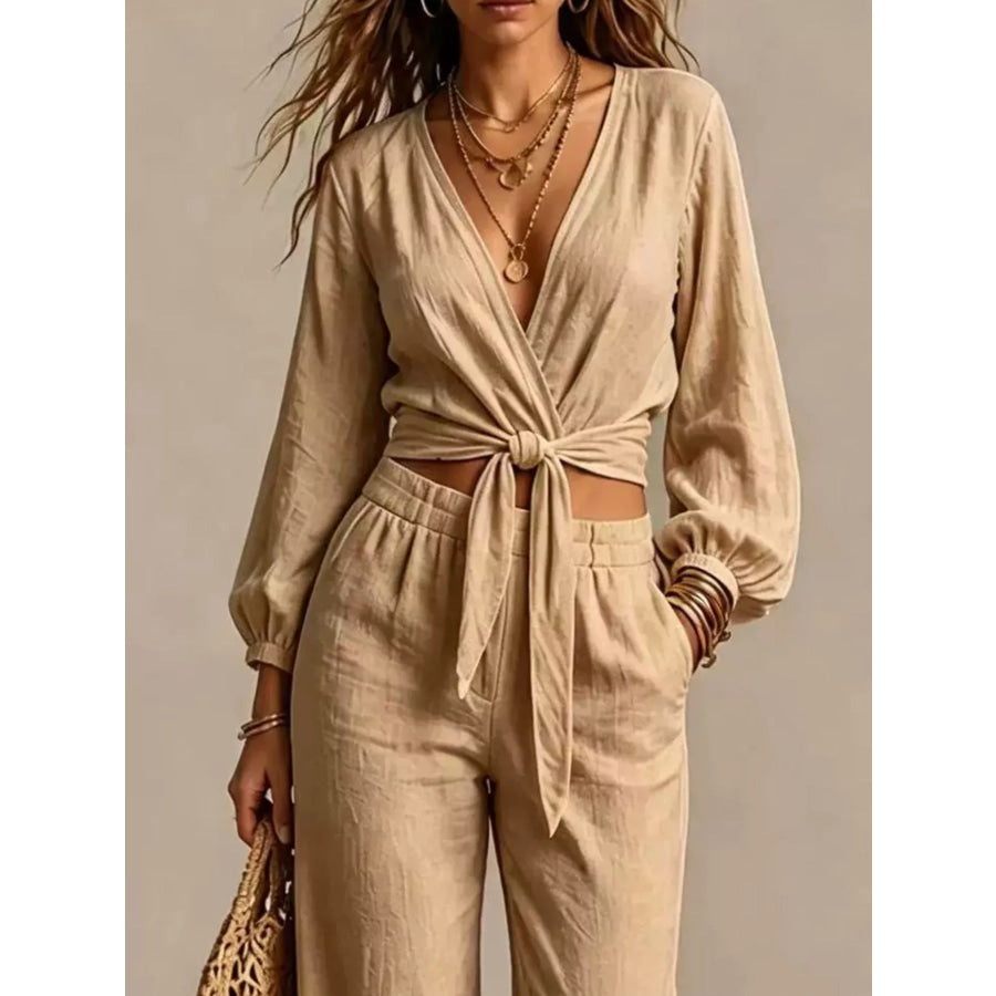 Tie-Front Crop Top and Wide-Leg Pant Set Apparel and Accessories