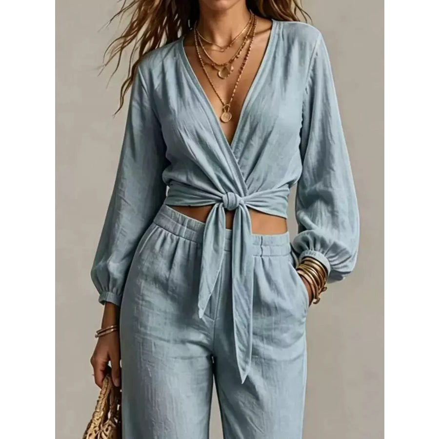 Tie-Front Crop Top and Wide-Leg Pant Set Apparel and Accessories